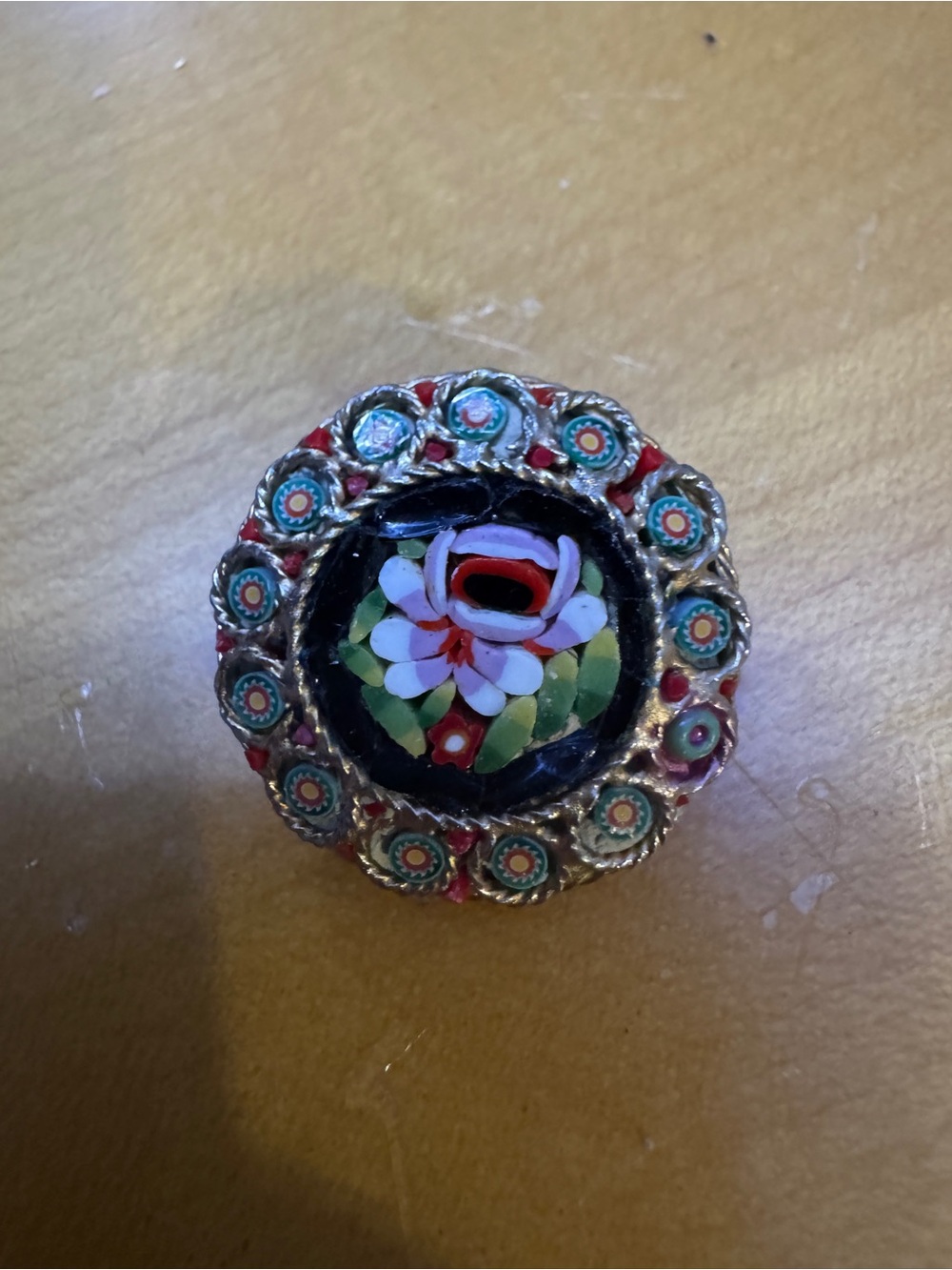 Handcrafted Floral Micro Mosaic pin  in Red, Green and Black